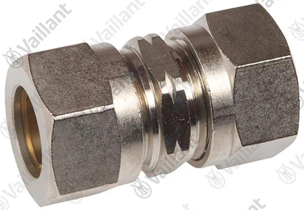 Vaillant Quetschverschraubung mit zwei Sechskantenden und einer mittleren Verbindung, metallisch, zum Anschluss von Rohrleitungen.
